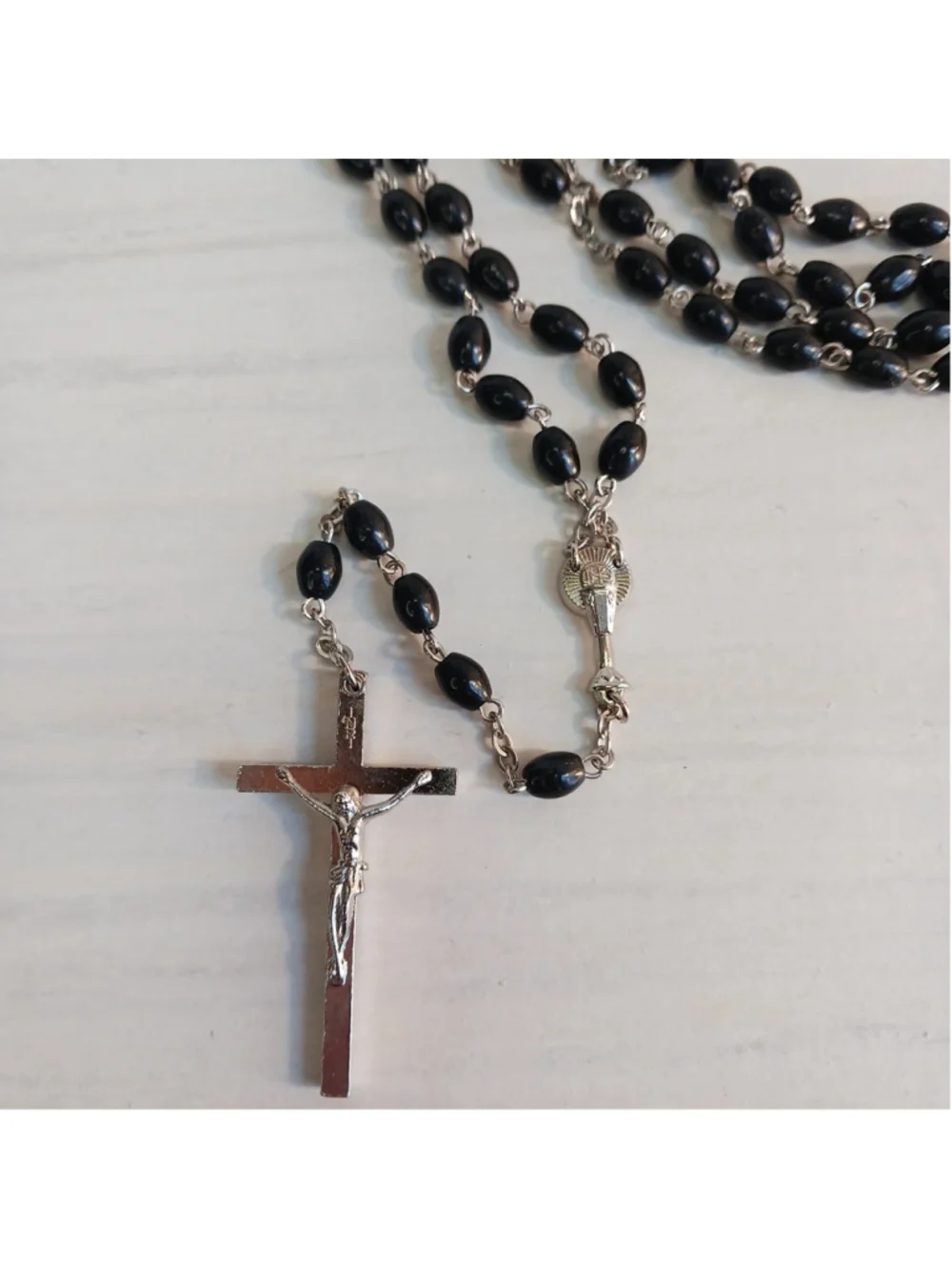 Vintage Silver Black Bead Prayer Rosary Catholic INRI With Pouch